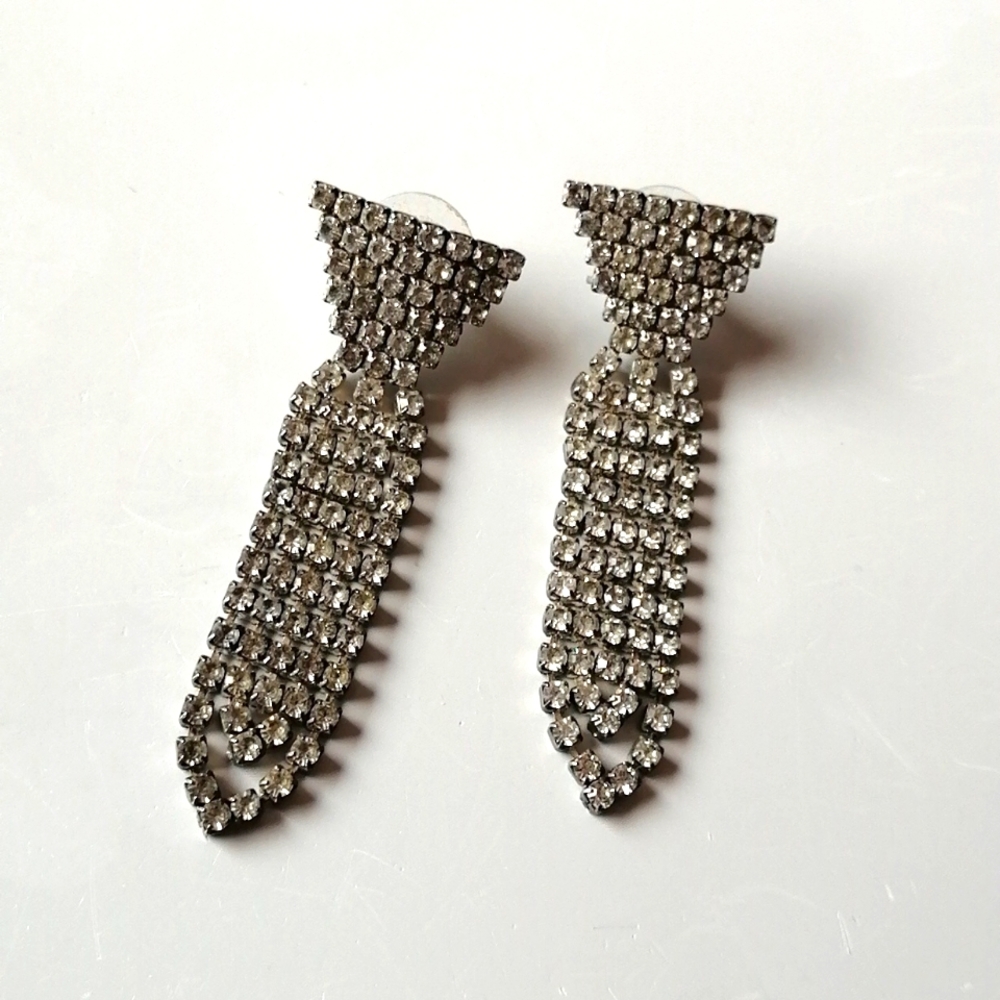 Vintage 1950s Tie Shape Articulate Clear Rhinestone Silverton Earrings